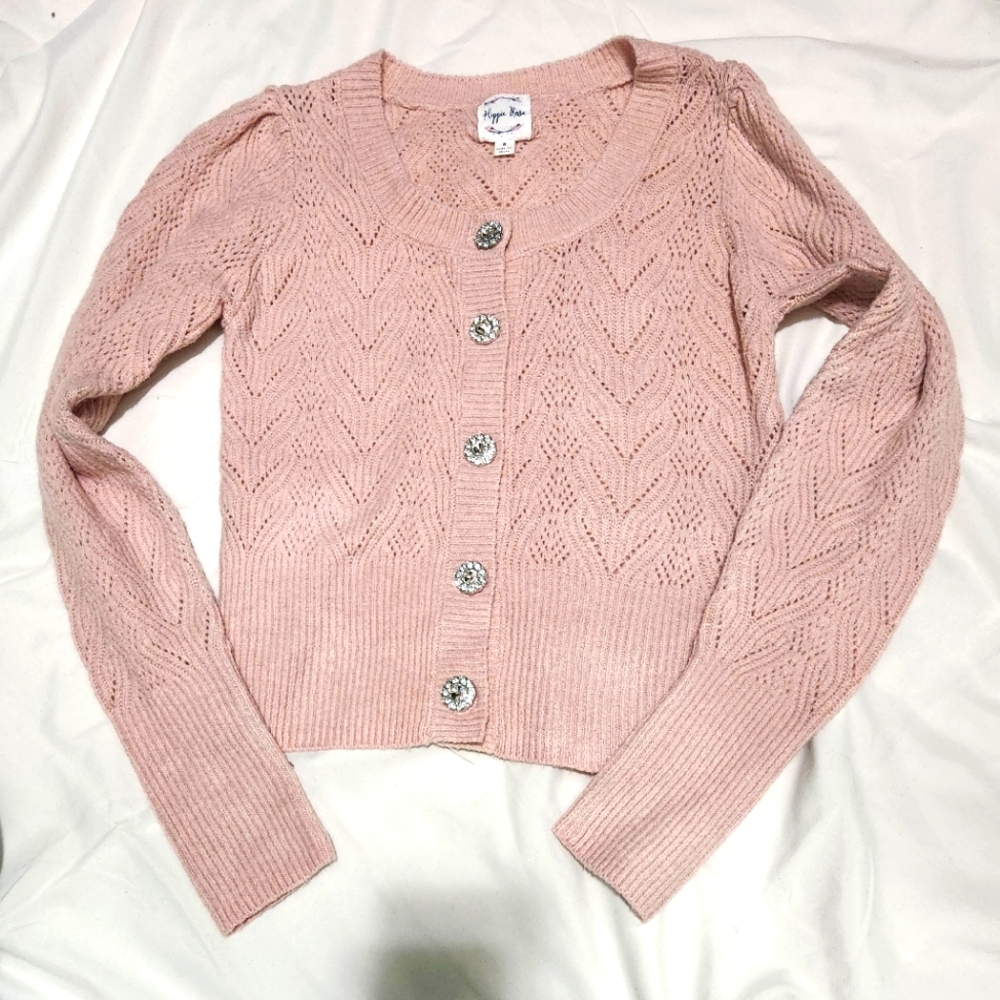 Hippie Rose Pointelle Jewel-Button Cardigan. Size S